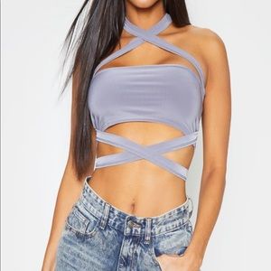 Grey slinky tie detail bandeau top